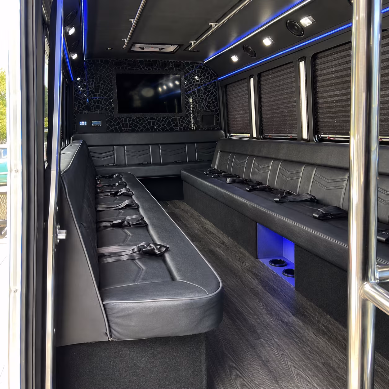 Passenger watching the Memphis scenery during a regional party bus road trip